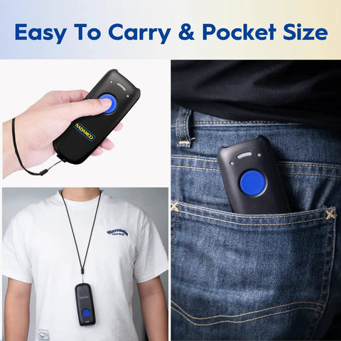 Person holding and wearing 3-In-1 Wireless Barcode Scanner With Bluetooth 2.4G USB Dongle And Wired Mode Portable CCD Reader