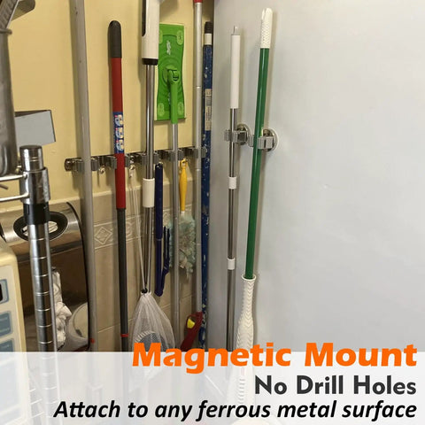 Heavy Duty Magnetic Broom Holder Set No Drilling 10lb Wall Mount Hooks 2 Pack For Brooms Mops Tools Garage Laundry Van Organization Keep Your Spaces Neat And Tidy holding brooms and mops in a laundry room