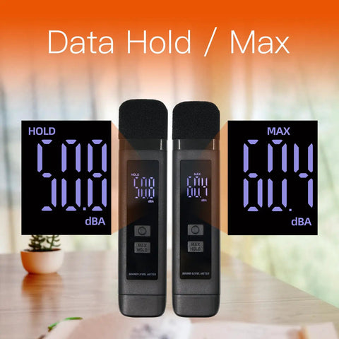 Pocket Decibel Meter With LCD Display, Max Data Hold And Battery Indicator, Reads 30 To 130 dBA, Rechargeable SPL Noise Monitor For Home, Office, Or Noisy Neighbors, Handy Sound Level Meter For Quick Real Time Readings showing hold and max screens