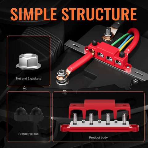 Heavy Duty 12 Volt 250 Amp Bus Bar And Power Distribution Block Featuring Four Three Eighth Inch Studs for wiring setup