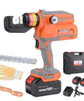 Slick Electric Hydraulic Crimping Tool Featuring Brushless Motor, 12 Ton Battery Lug Wire Crimper With Nine Dies For Copper Terminals From 12awg To 2awg, No Sweat Job Site Heavy Lifter, with battery and accessories.