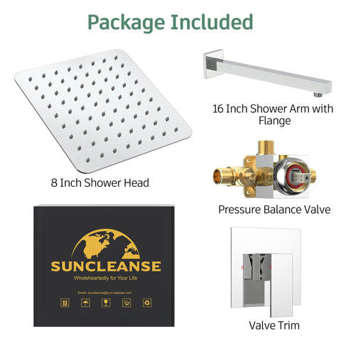 Shower Faucet Set With Valve And 8 Inch Square Shower Head Single Handle Trim Kit With Extra Long 16 Inch Shower Arm Polished Chrome Easy Installation package contents