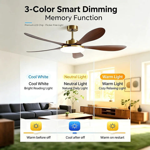 Chinese Antique Ceiling Fan with Light, 5-Blade Chandelier Fan showing 3 color dimming options in modern living room.