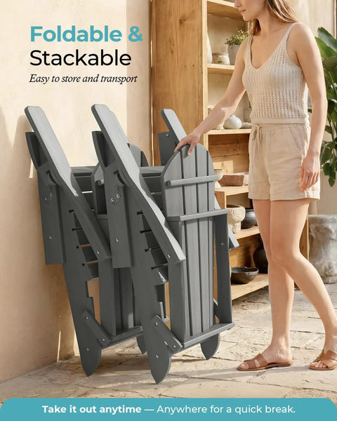 Easy Fold Adirondack Chair Built For Chill Outdoor Vibes with wood texture finish, folded against wall, plastic HDPE, grey, indoor setting