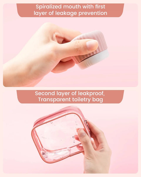 TSA Approved Travel Containers Four Pack With Leak Proof Silicone Jars And Rose Gold Transparent Cosmetic Bag For Toiletries 1 Ounce Carry On Essentials Perfect For Weekend Getaways And Business Trips On The Go showing silicone jar and cosmetic bag