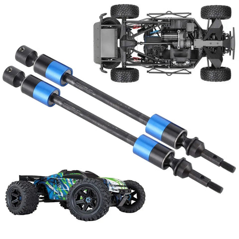 Beefy Hardened Steel Driveshaft Axles CVD Upgrade Kit for RC Cars shown with top view and side view RC car model