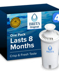 Front view: Brita water filter cartridge for pitchers, 4-pack, white BPA-free, shown with BRITA Original blue box.