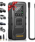 Cordless Tire Inflator With Gauge Up To 160 PSI Portable Car Air Pump shown with accessories and compatible vehicles