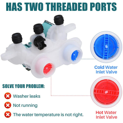 Washer Water Inlet Valve Replacement W11165546 With Hot And Cold 2 Threaded Ports, Red And Blue Mesh Inserts, 3 Push On Valves