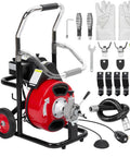 Electric Auto Feed Drain Cleaner Machine With Air Activated Foot Switch And 75 Feet Cord showing red drum, black frame, tools, and gloves.
