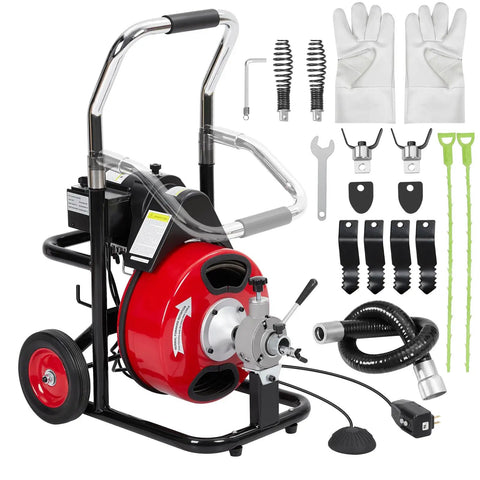 Electric Auto Feed Drain Cleaner Machine With Air Activated Foot Switch And 75 Feet Cord showing red drum, black frame, tools, and gloves.