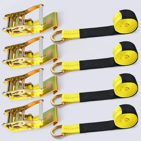 Heavy Duty Car Tie Down Straps For Trailers 2 Inch By 120 Inch With Flat Hooks 10000 Lbs Break Strength 4 Pack yellow webbing