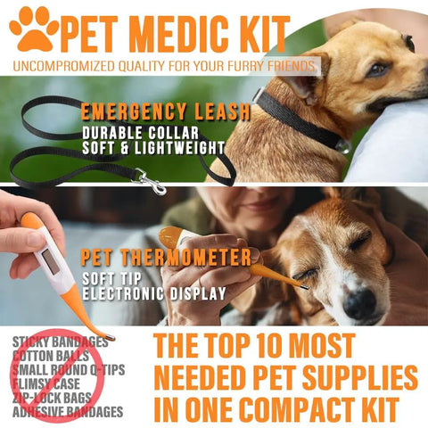 Image showcasing 95-Piece Vet-Approved Pet First Aid Kit For Dogs And Cats With Outdoor And Travel Essentials, featuring emergency leash and pet thermometer.