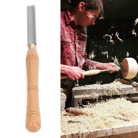 Chisel turning tool with wooden handle and rectangular steel blade for wood lathe turning; wood shavings around.