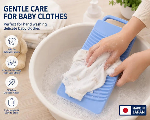 Heavy Duty Japanese Plastic Washboard For Laundry Scrubbing Portable Hand Wash Board being used to wash delicate baby clothes.
