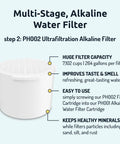 Alkaline Water Filter And UF Membrane Replacement Cartridge Bundle For Invigorated Water Pitcher Multi Stage Filtration pH Up To 10 Remineralization With Calcium And Selenium Pure Great Tasting Drinking Water, focusing on PH002 ultrafiltration filter specifications.