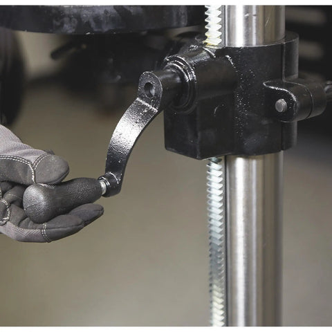Close-up of Workhorse Floor Drill Press With Sixteen Speeds, Thirteen Inch Swing, hand operating depth lock ball knob
