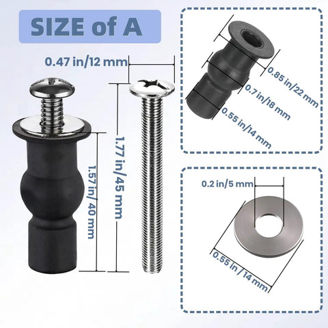 Stainless Steel Toilet Seat Screws Kit with Expanding Rubber and Plastic Nuts Sizes Detail Diagram
