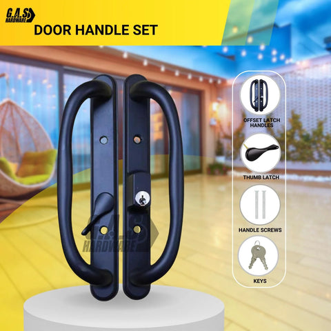 Sliding Glass Patio Door Offset Pull Handle Set With Keys Replacement For 3 15/16 Inch Hole Spacing And 1 1/4 To 2 1/4 Inch Door Thickness, 10 Inch Escutcheon Plate, Four Hole Patterns, Black Finish