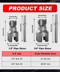 Two Piece Pipe Threading Tool Kit For Water Pipes With Half Inch And Three Quarter Inch Internal And External Threaders Alloy Steel Construction Drill Compatible Grab And Go DIY Plumbing Solution For Home And Pro Projects, showing 1/2 inch and 3/4 inch threader sizes with measurements.