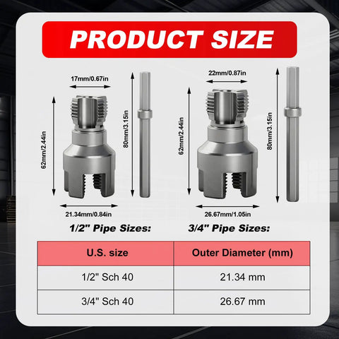 Two Piece Pipe Threading Tool Kit For Water Pipes With Half Inch And Three Quarter Inch Internal And External Threaders Alloy Steel Construction Drill Compatible Grab And Go DIY Plumbing Solution For Home And Pro Projects, showing 1/2 inch and 3/4 inch threader sizes with measurements.