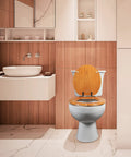 Built To Last Durable Wood Veneer Elongated Toilet Seat With Metal Hinged Design in modern bathroom setting, closed lid view.