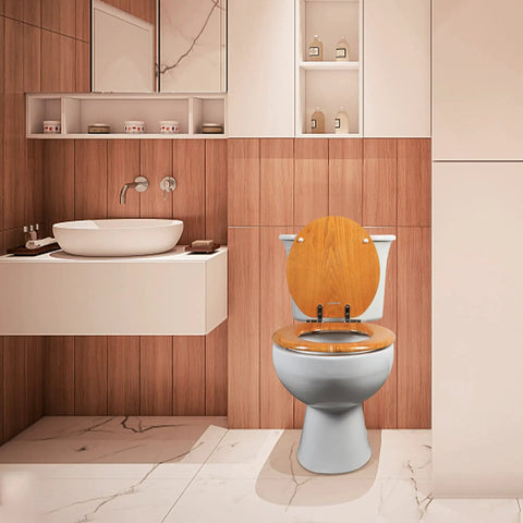 Built To Last Durable Wood Veneer Elongated Toilet Seat With Metal Hinged Design in modern bathroom setting, closed lid view.