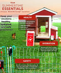 Chicken coop with RentACoop bedding and safety fence, showcasing chicken health and hydration in summer pasture.