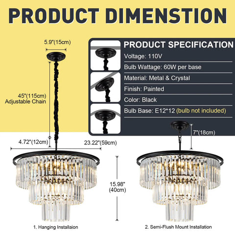 Product dimensions and specifications of Lit 12 Light Crystal Chandelier, 23.64 Inch Black Three Tier Pendant Ceiling Light