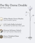 Diagram and specifications of Double LED Floor Lamp With Two Reading Lights Dimmable Torchiere Tall Silver Standing Lamp For Living Room Office And Bedroom Reading Ultra Bright Three Bulb Warm White 3000K