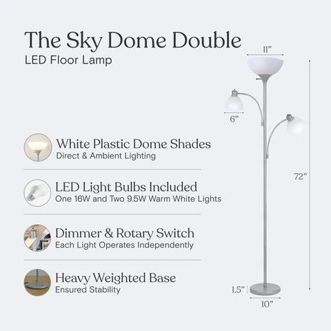 Diagram and specifications of Double LED Floor Lamp With Two Reading Lights Dimmable Torchiere Tall Silver Standing Lamp For Living Room Office And Bedroom Reading Ultra Bright Three Bulb Warm White 3000K