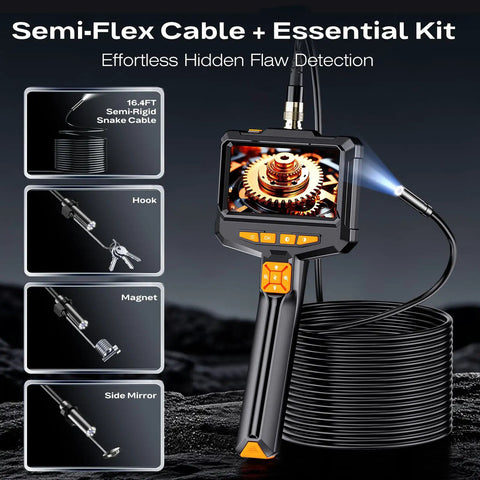 Endoscope Camera With Light Handheld Borescope 4.3 Inch IPS Color Screen Real Time HD Inspection 178 Degree Wide Angle Portable Tool, semi-rigid cable kit