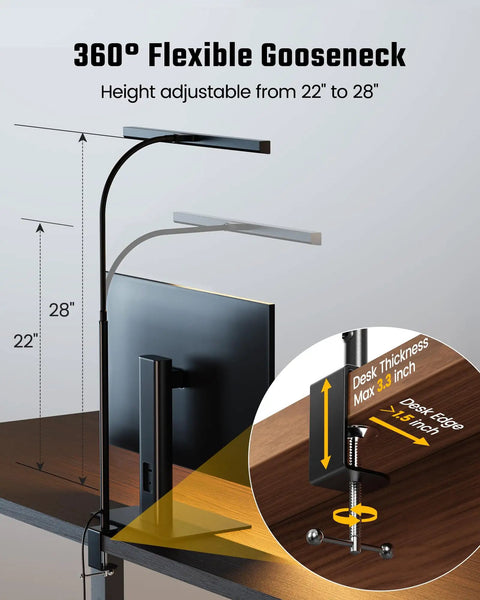 LED Desk Lamp For Office And Home With Adjustable Gooseneck, 12W Touch Control Dimmable Brightness, clamp mount on desk