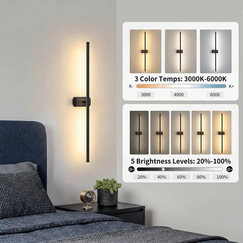 ONEWISH Battery Operated Wall Sconces Set of 2, 27.75" elegant wall light in a bedroom with adjustable brightness features.
