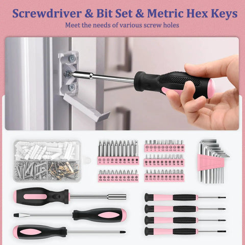 281 Piece Home Tool Kit Portable Hand Tool Set For Home And Auto Repairs Includes Tool Box With Socket Wrench Set Slotted And Phillips Screwdrivers Hex Keys Pliers Tape Measure Spirit Level And Wire Stripper, pink tool set