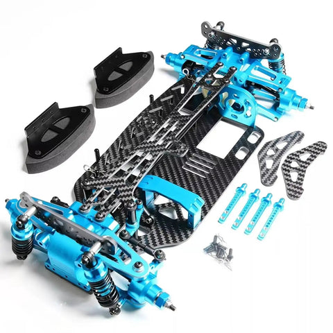 Rugged Aluminum And Carbon Chassis Frame Upgrade For TT01 One-Tenth Scale RC Cars, showing parts for off-road performance