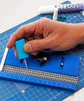 RC Tank Track Link Assembly Jig For Easy Track Link Installation, Portable Chain Wheel Tool shown in use on table with ruler guide