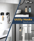 Heavy Duty Suction Hooks That Hold Firm On Glass Tile And Mirror Removable Shower Hangers With Rock Solid Vacuum Grip Easy Mount Metal Bathroom Towel Rack Four Pack Black in bathroom setting organizing towels and accessories.