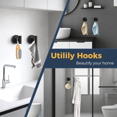 Heavy Duty Suction Hooks That Hold Firm On Glass Tile And Mirror Removable Shower Hangers With Rock Solid Vacuum Grip Easy Mount Metal Bathroom Towel Rack Four Pack Black in bathroom setting organizing towels and accessories.