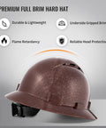 Full Brim Vented Hard Hat For The Job Site, Heavy Duty Construction Helmet With 6 Point Suspension, OSHA Approved Safety Gear, Fiberglass Shell For All Day Comfort, Brown, side angle