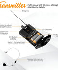 UHF Wireless Microphone System Kit Portable Pro Cordless Microphone Set With Headset Lavalier Beltpack Transmitter and Receiver