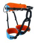 Ultra Lightweight Half Body Climbing Harness For Kids And Teens Cushioned Comfort Waist Belt Adjustable Fit High Strength Polyester Safe Rappelling And Tree Climbing Gear Arborist Grade Safety Harness For Outdoor Adventures in vibrant orange and blue with adjustable straps and cushioned padding.