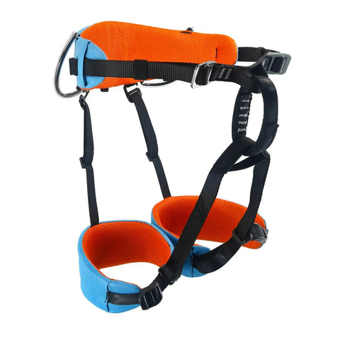 Ultra Lightweight Half Body Climbing Harness For Kids And Teens Cushioned Comfort Waist Belt Adjustable Fit High Strength Polyester Safe Rappelling And Tree Climbing Gear Arborist Grade Safety Harness For Outdoor Adventures in vibrant orange and blue with adjustable straps and cushioned padding.