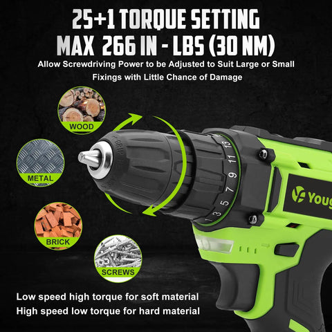 Close-up of Cordless Drill Set 20V With Battery And Charger Carrying Case 25 Plus 1 Torque Two Speed 266 Inch Pounds Keyless Chuck