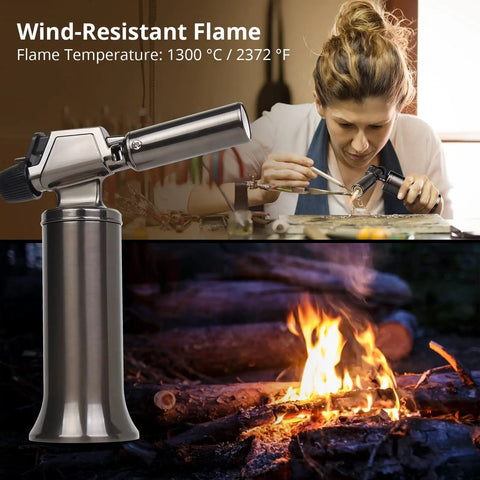 Big Flame Butane Torch Refillable Blow Torch for Cooking BBQ Welding Soldering with Adjustable Wind Resistant Flame