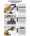 Heavy Duty Four Wheel Drive Telehandler Forklift with telescopic arm features in a modern workspace, showcasing its capabilities.