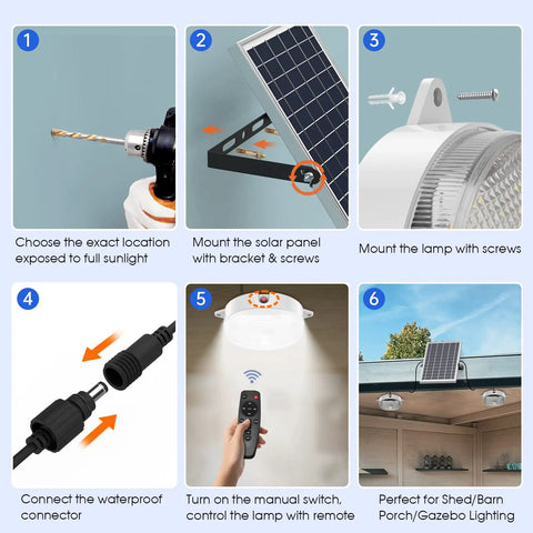 Installation guide for Solar Ceiling Lights With Motion Sensor 2 Pack 5 Modes 3200K 4000K 6000K Dimmable Daytime Solar Shed Lighting On Off Switch And Remote Outdoor Indoor For Home Barn Shop Chicken Coop