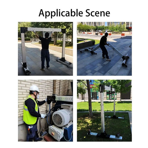 Heavy Duty Portable Aluminum Gantry Crane setup in multiple outdoor scenes demonstrating its versatility and mobility.