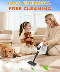 Powerful Handheld Steamer Uses 1200W Hot Steam To Cut Grease Fast, Heats Up In Seconds, Large 400mL Tank Runs All Day Without A Sweat, Includes 14 Nozzles For Tile Floor Bathroom And Car Deep Clean used by a woman cleaning near a child and dog.