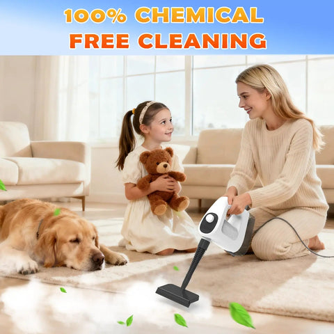 Powerful Handheld Steamer Uses 1200W Hot Steam To Cut Grease Fast, Heats Up In Seconds, Large 400mL Tank Runs All Day Without A Sweat, Includes 14 Nozzles For Tile Floor Bathroom And Car Deep Clean used by a woman cleaning near a child and dog.